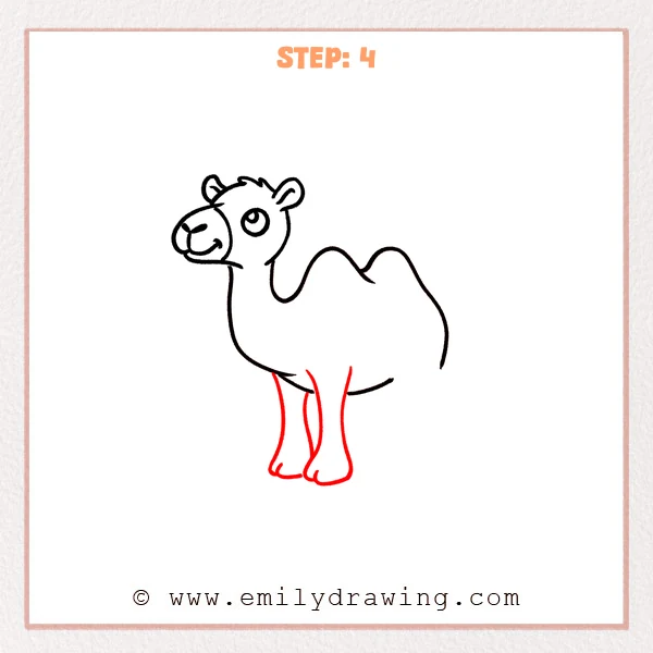 how to draw a cartoon camel - Cartoon camel with two newly added front legs under the body, ending in rounded feet with simple inner lines for overlap.